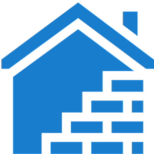 Blue house icon with brick steps on the right side.