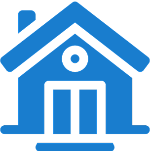 Blue house icon with a triangular roof, circular window, and double doors.