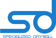 Blue logo with stylized initials "SD" above the text "Specialized Drywall" in smaller font.