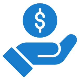 Blue icon of an open hand under a coin with a dollar sign, indicating the concept of receiving or giving money.